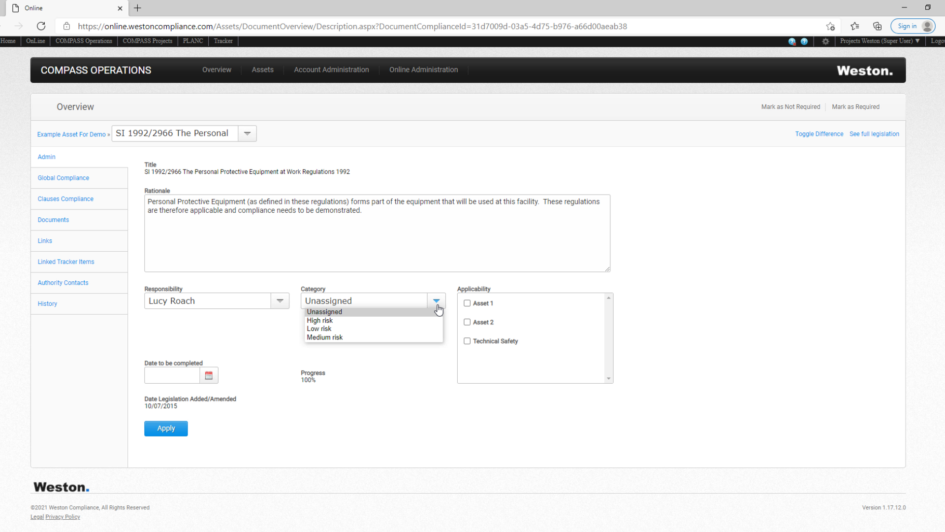 assign a category to a regulation
